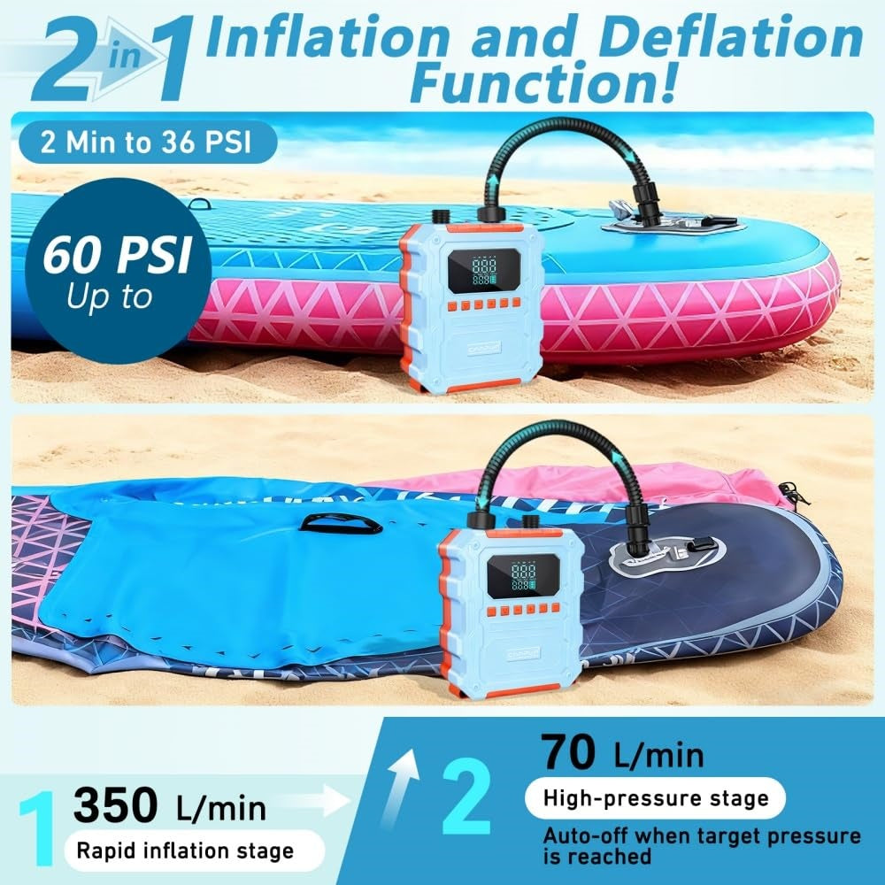KinZon Pompe à Air Électrique 60 PSI Haute Pression pour Paddle SUP, Rechargeable Compatible Prise Voiture 12V/120W, Arrêt Automatique, Gonflage/Dégonflage, Compresseur d’Air pour Paddle, Kayak, Pneus