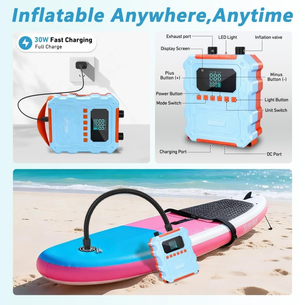 KinZon Pompe à Air Électrique 60 PSI Haute Pression pour Paddle SUP, Rechargeable Compatible Prise Voiture 12V/120W, Arrêt Automatique, Gonflage/Dégonflage, Compresseur d’Air pour Paddle, Kayak, Pneus