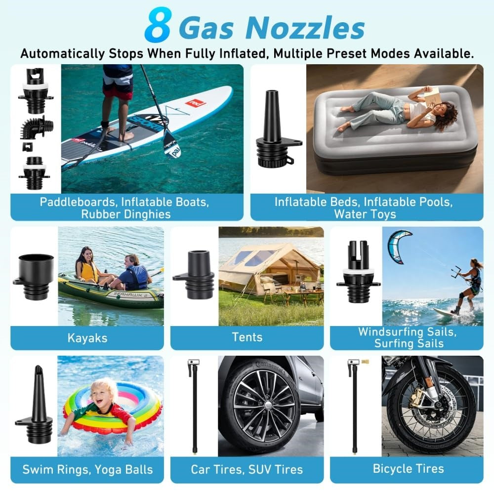 KinZon Pompe à Air Électrique 60 PSI Haute Pression pour Paddle SUP, Rechargeable Compatible Prise Voiture 12V/120W, Arrêt Automatique, Gonflage/Dégonflage, Compresseur d’Air pour Paddle, Kayak, Pneus
