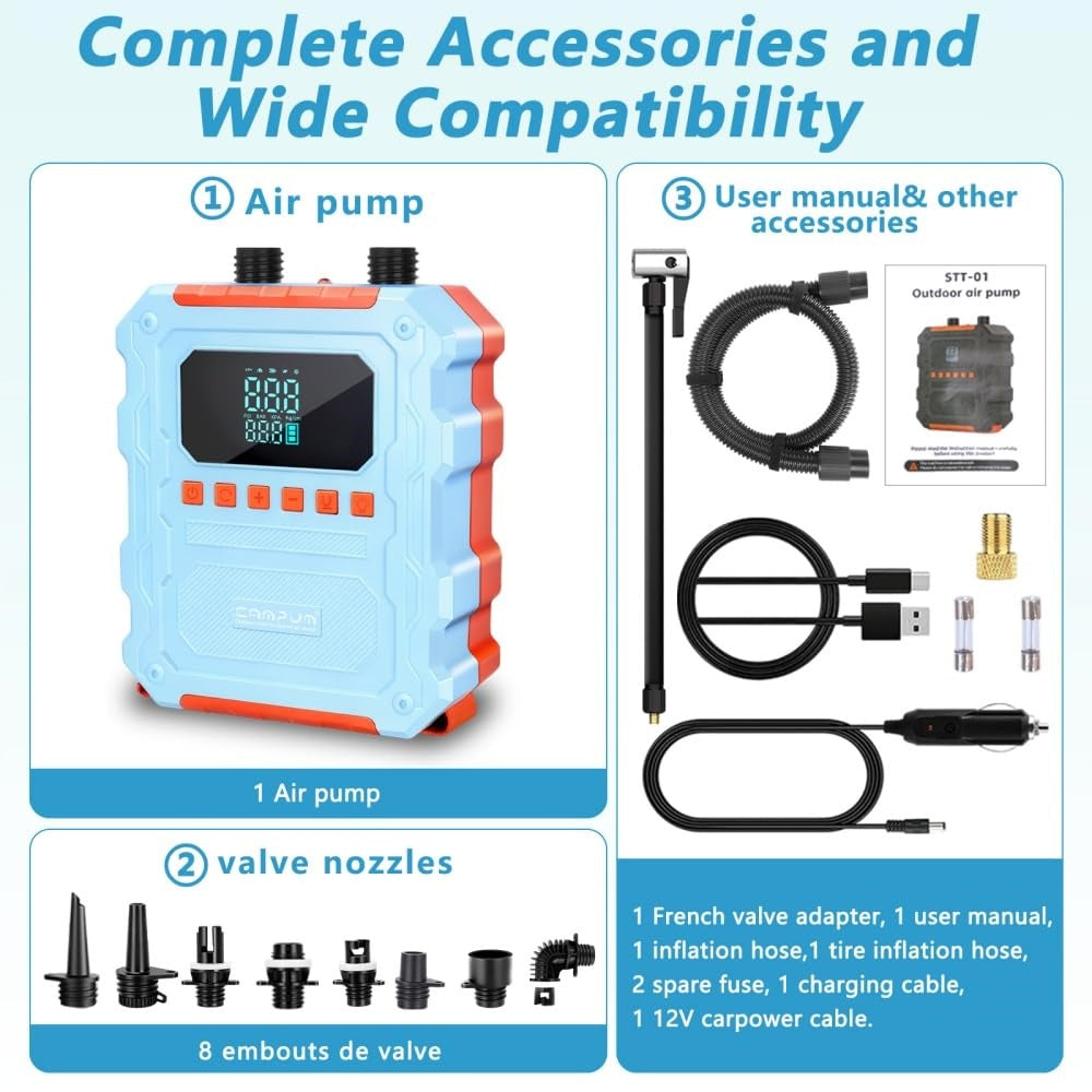 KinZon Pompe à Air Électrique 60 PSI Haute Pression pour Paddle SUP, Rechargeable Compatible Prise Voiture 12V/120W, Arrêt Automatique, Gonflage/Dégonflage, Compresseur d’Air pour Paddle, Kayak, Pneus